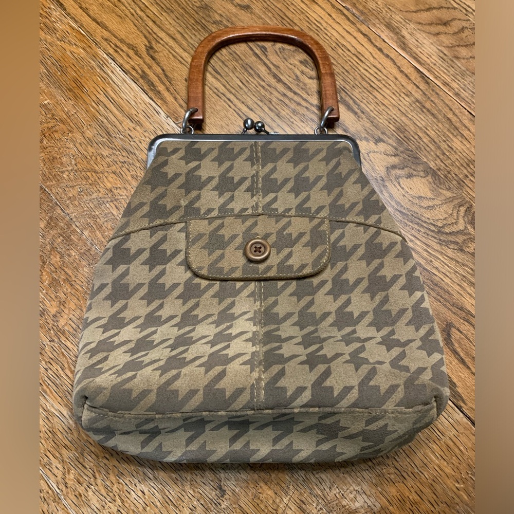 suede houndstooth Fossil bag with wooden handle